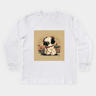 Pug in Tradition: Japanese Attire in Anime Style Kids Long Sleeve T-Shirt